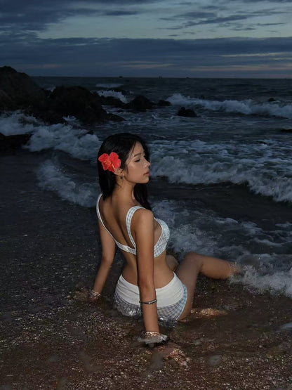 Sky Gingham Bikini Top & Drawstring Shorts Set