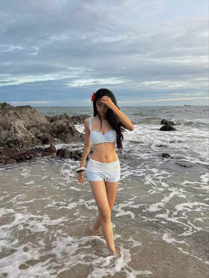 Sky Gingham Bikini Top & Drawstring Shorts Set