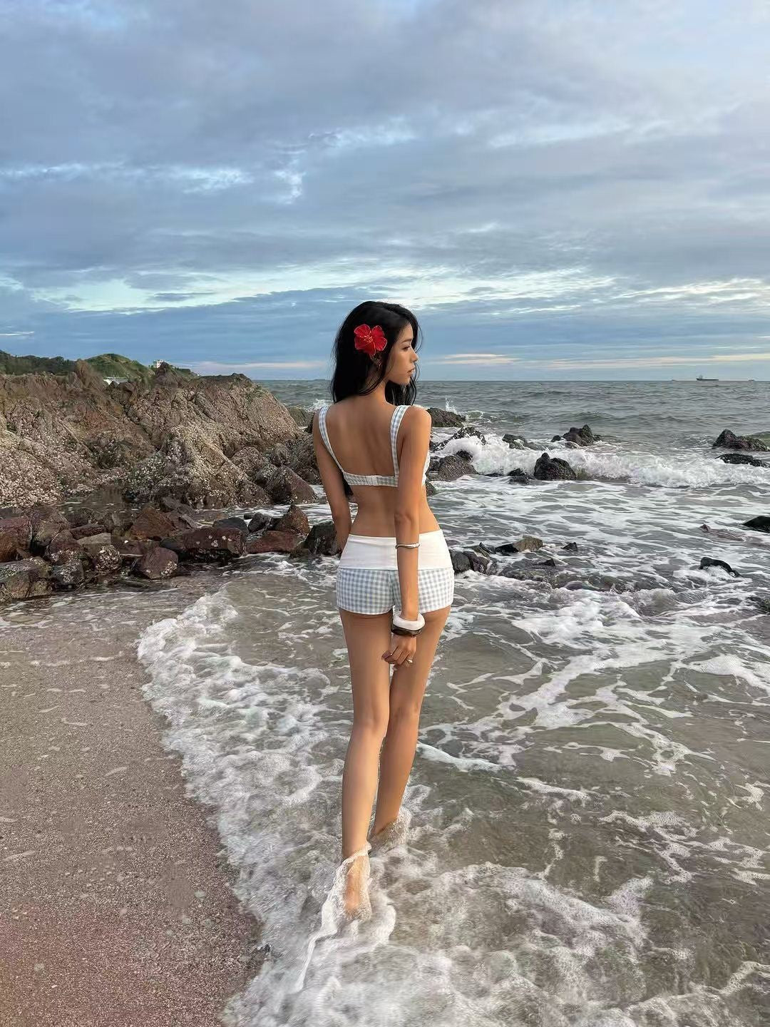 Sky Gingham Bikini Top & Drawstring Shorts Set