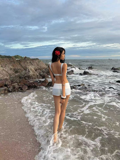 Sky Gingham Bikini Top & Drawstring Shorts Set