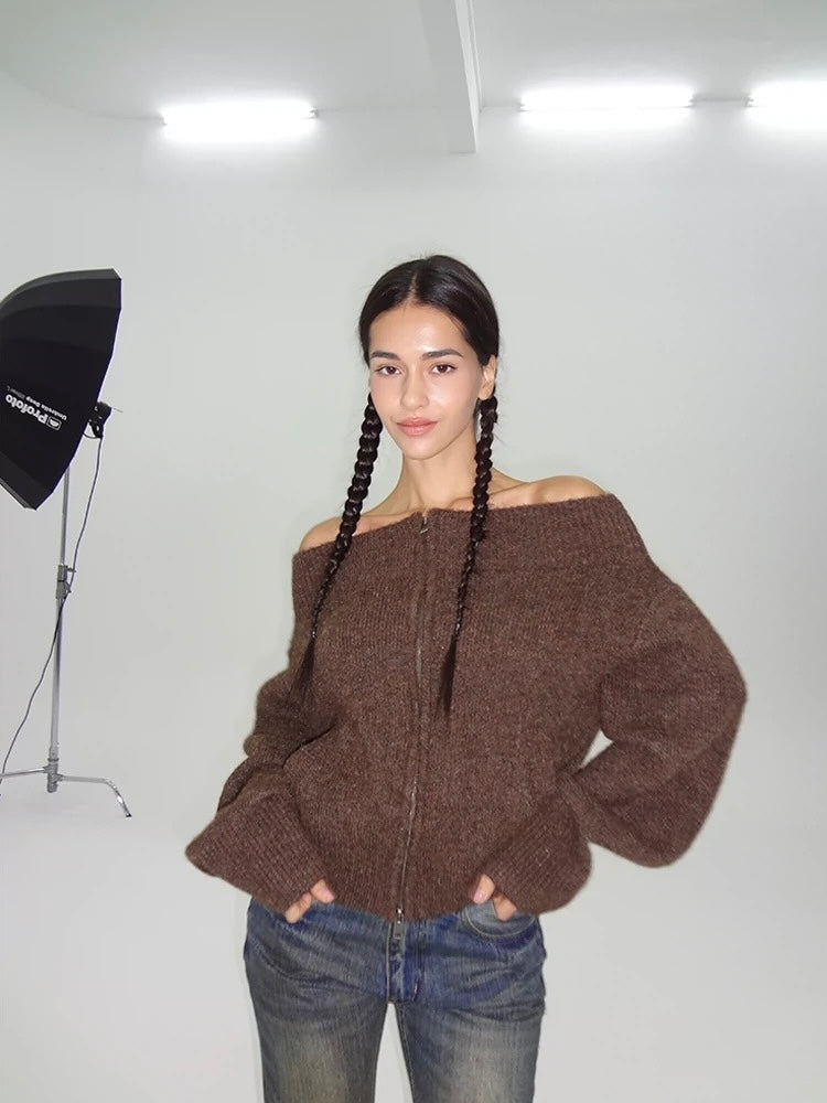 The Molten Lava - Dark-brown Off-shoulder Sweater