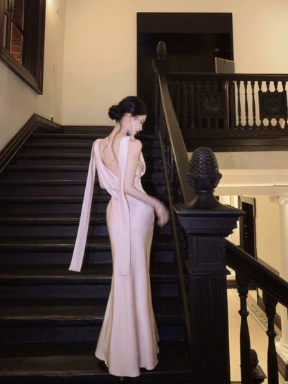 Nude Elegance Deep-V Maxi Gown