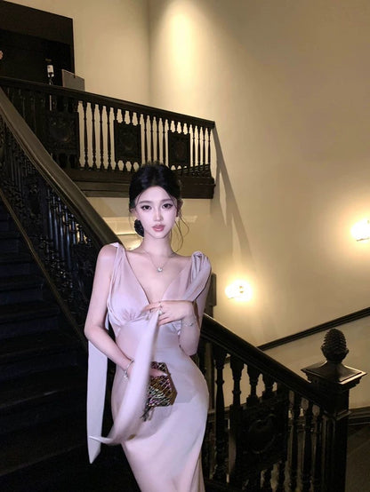 Nude Elegance Deep-V Maxi Gown