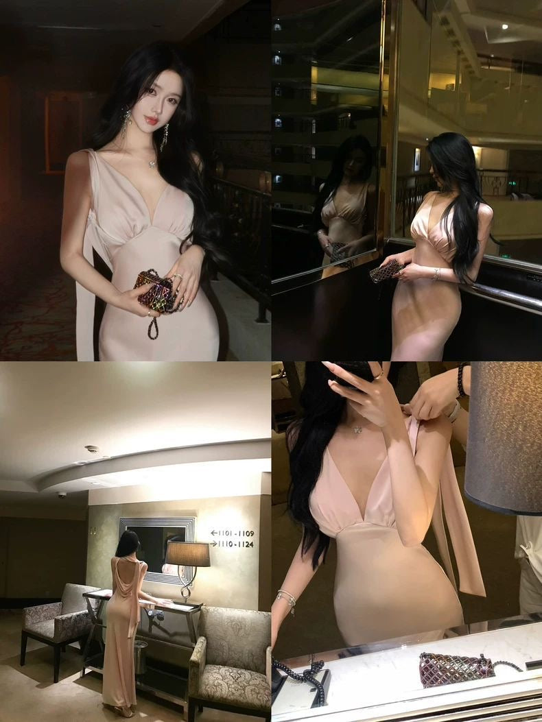 Nude Elegance Deep-V Maxi Gown