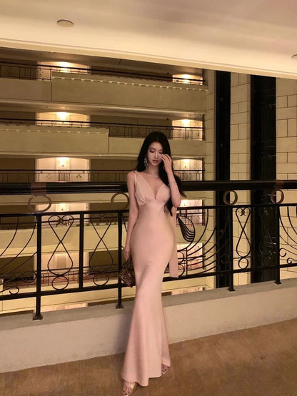 Nude Elegance Deep-V Maxi Gown