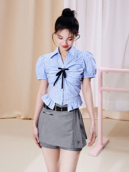 Striped Puff-Sleeve Shirt & Belted Skirt Set