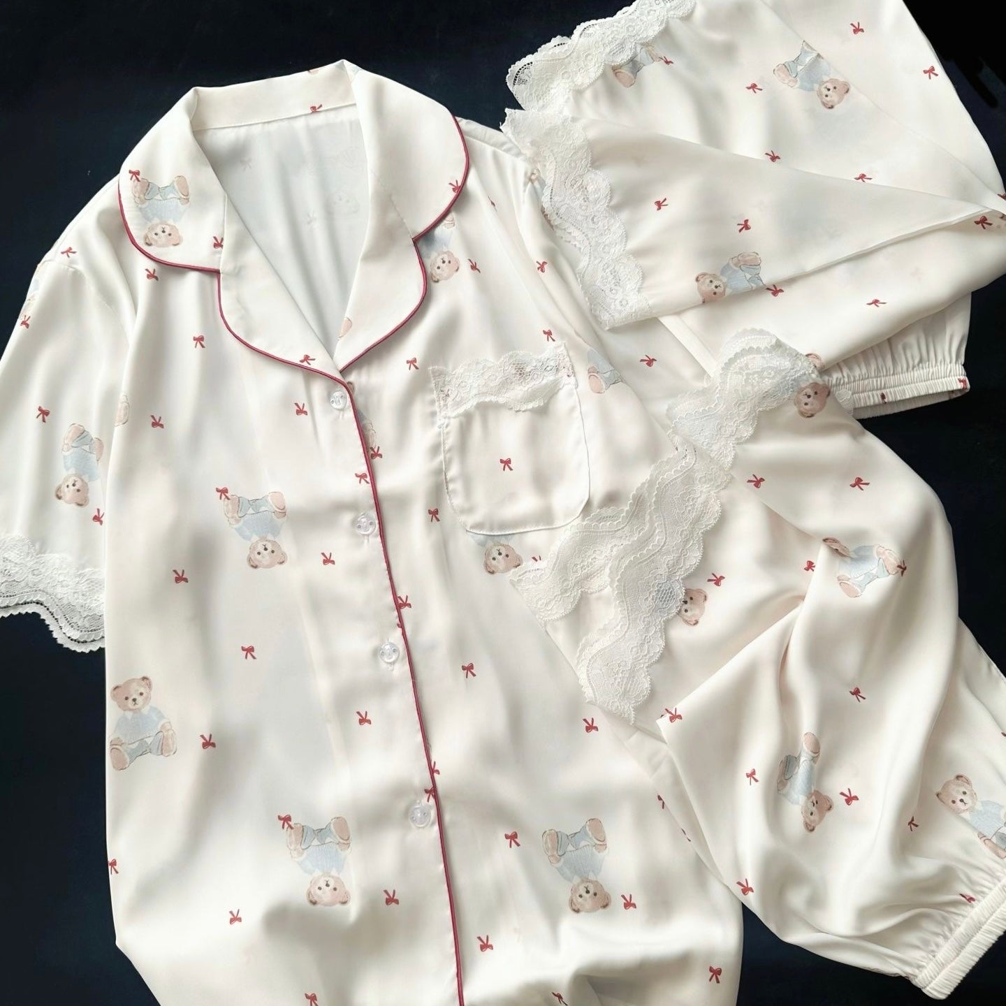 Cozy Teddy Bear Print Satin Pajama Set with Lace Trim