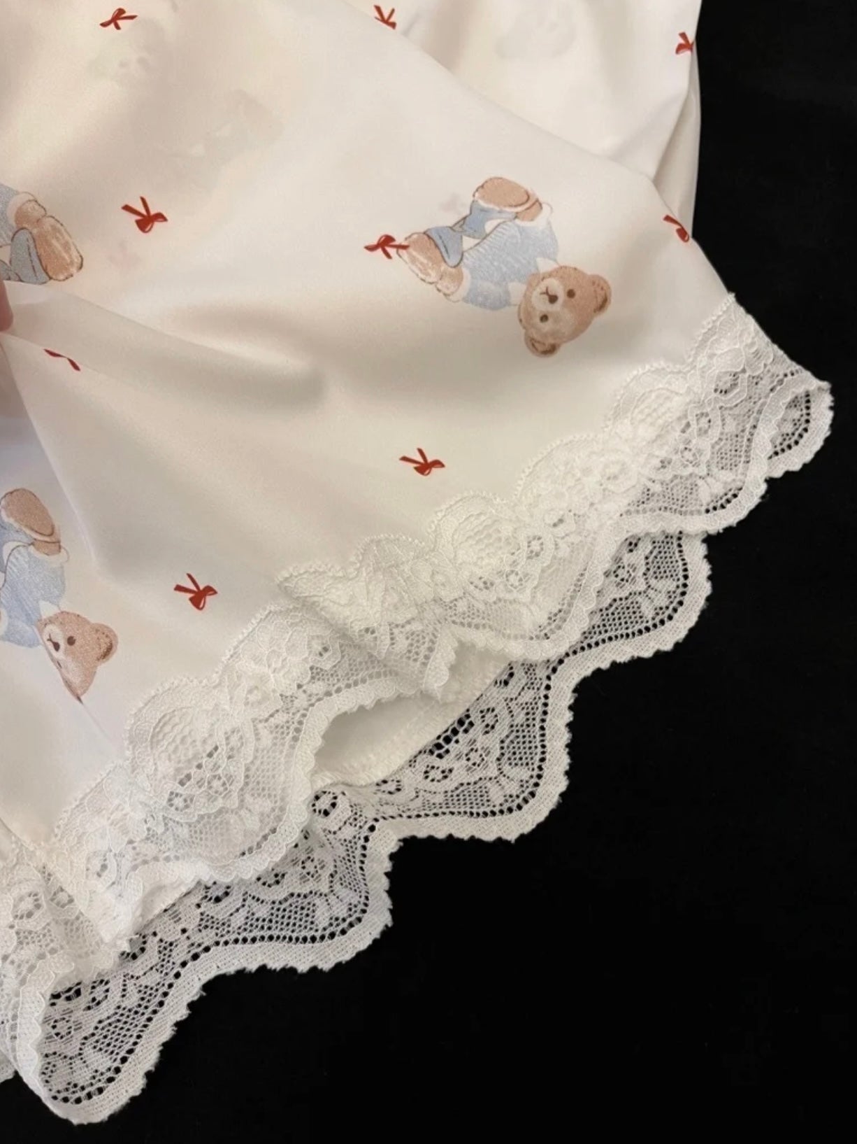 Cozy Teddy Bear Print Satin Pajama Set with Lace Trim