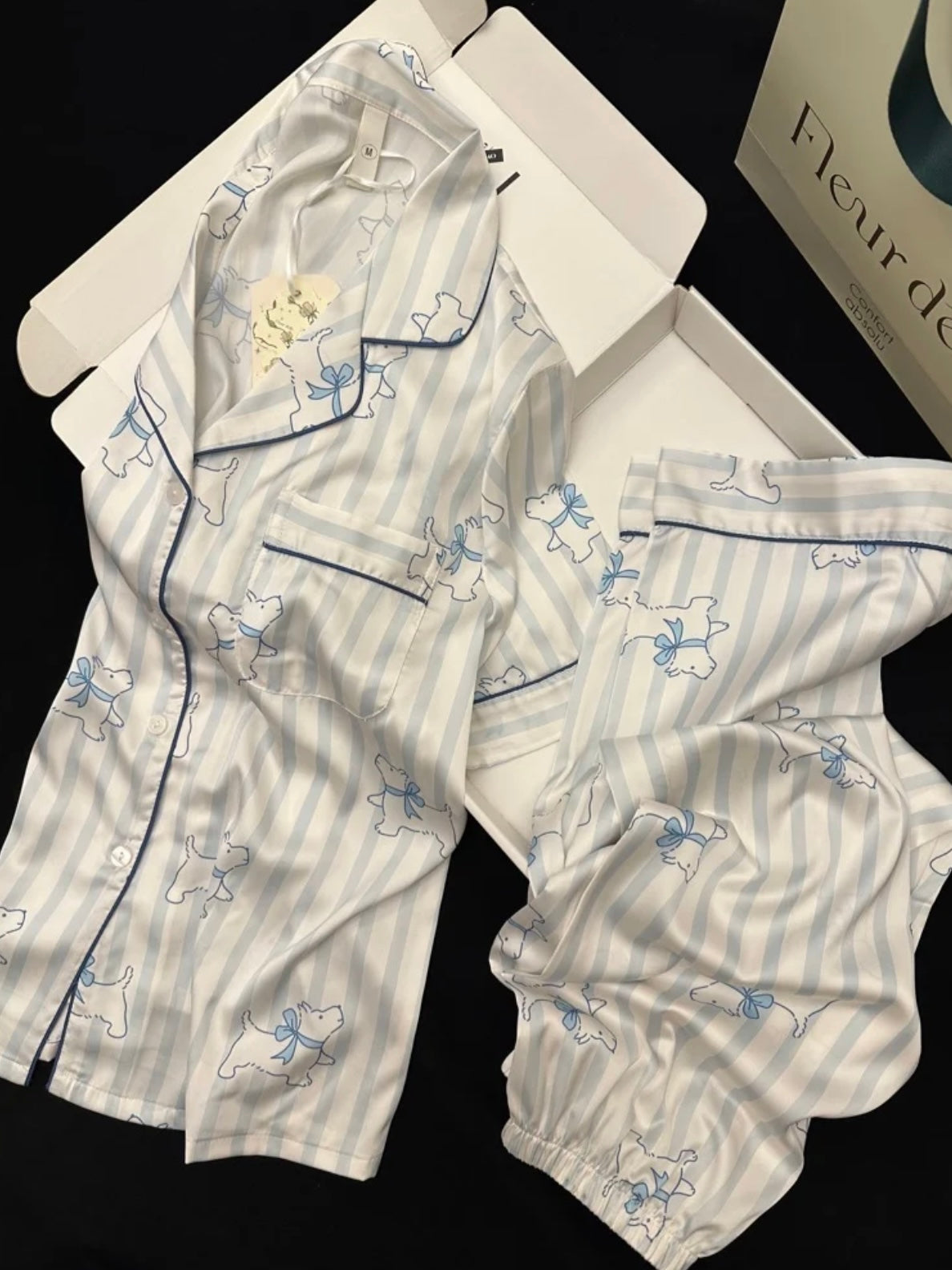 Blue Line Art Dog Print Short Sleeve Pajama Set