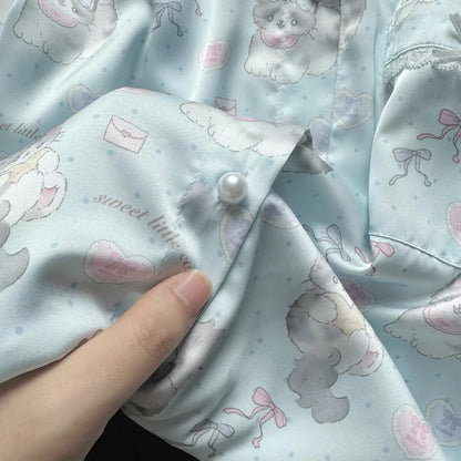 Mint Green Kitten Pajamas with Bow and Lace Trim