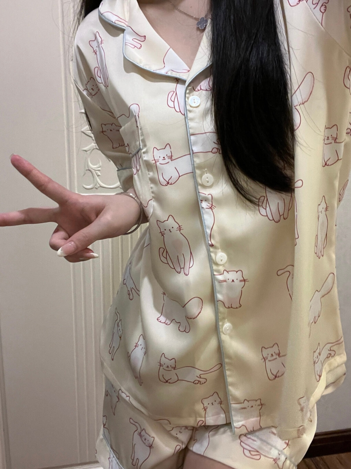 Soft Yellow Pajama Set with Red Outline Kitty Design