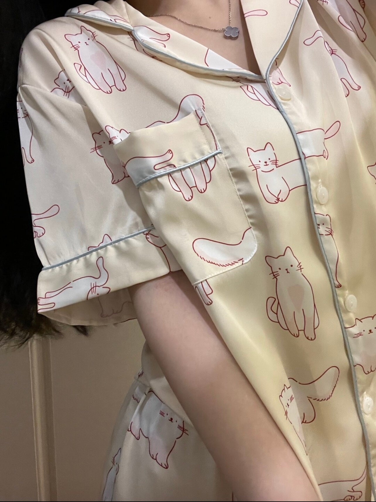 Soft Yellow Pajama Set with Red Outline Kitty Design