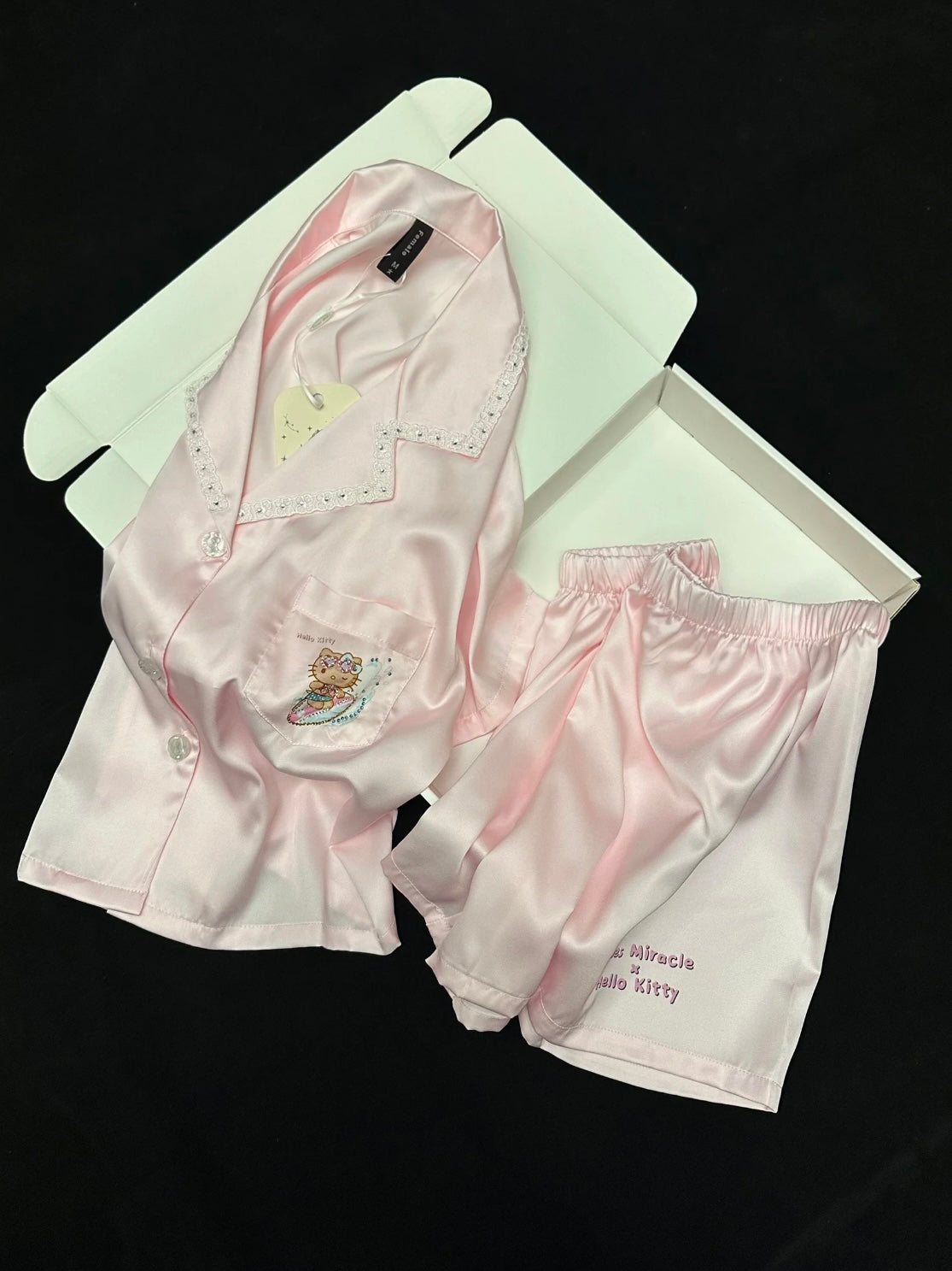 Pink Milk Silk Pajama Set with Surfing Hello Kitty Print