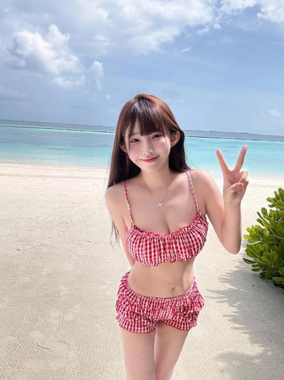 Red Gingham Bikini Set with Skirt