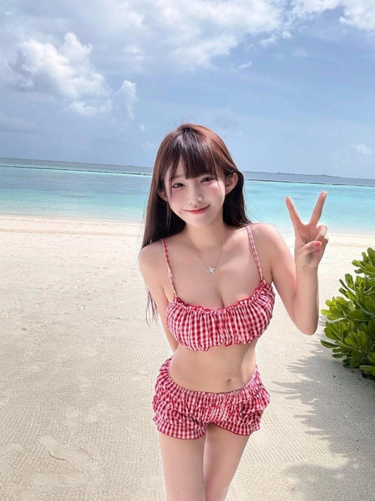 Red Gingham Bikini Set with Skirt