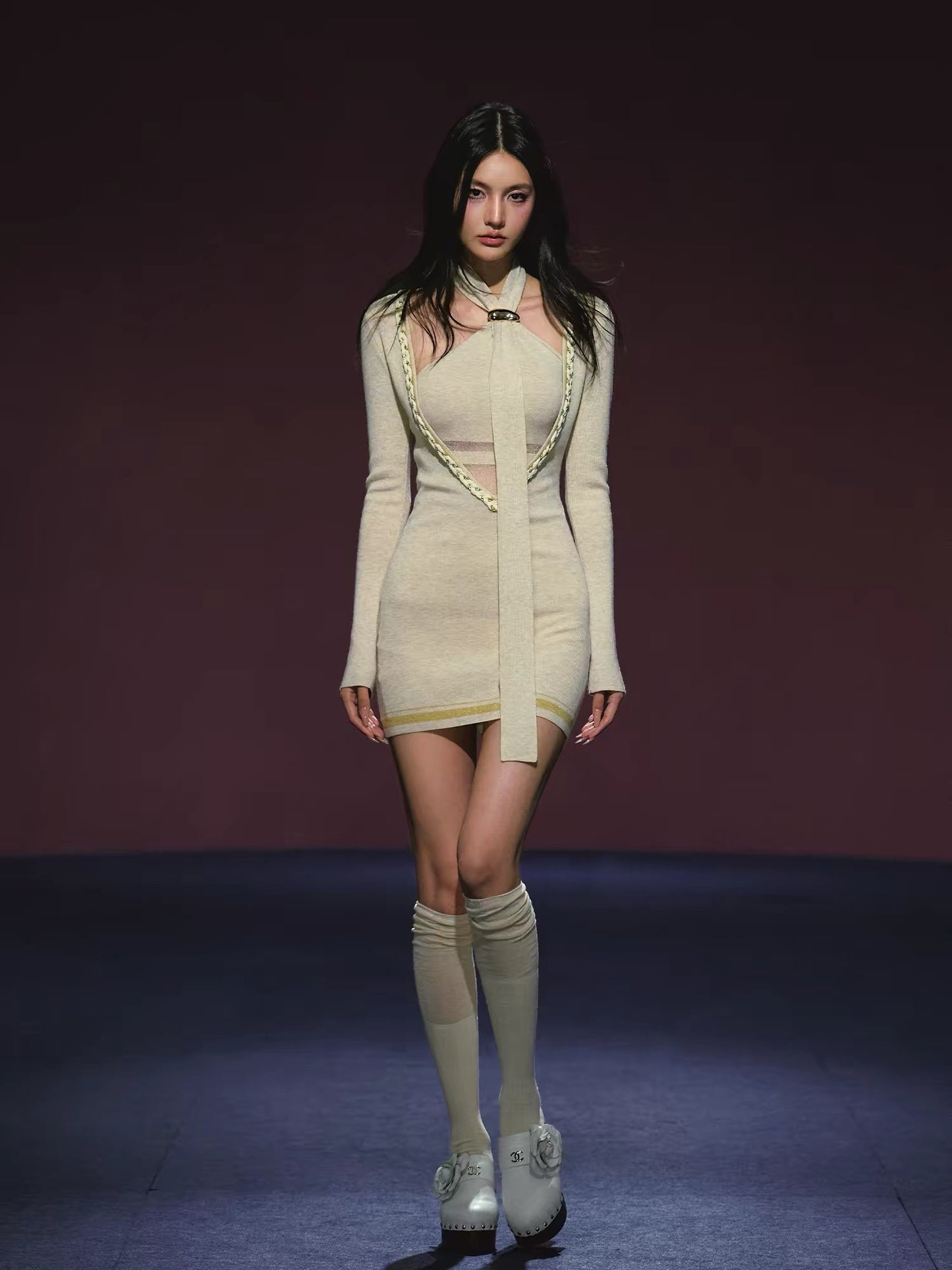 Champagne Woven Layered Two-Piece Dress with Sheer V-Neck Tie Detail