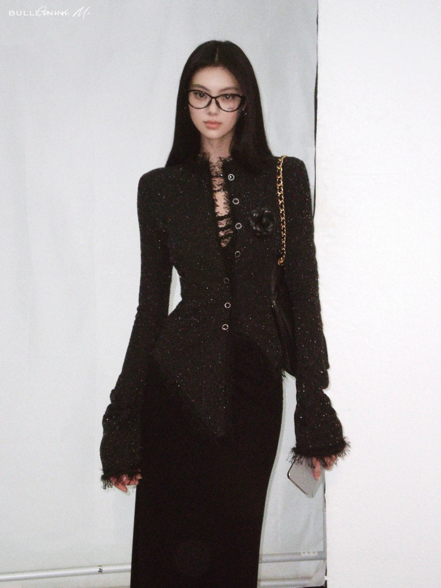 Black Tweed Stretch Waist-Defined Irregular Hem Jacket