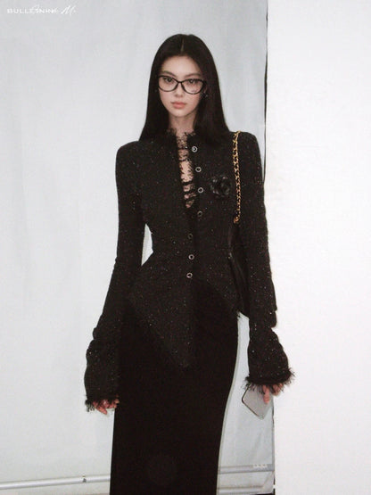 Black Tweed Stretch Waist-Defined Irregular Hem Jacket