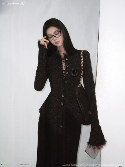 Black Tweed Stretch Waist-Defined Irregular Hem Jacket