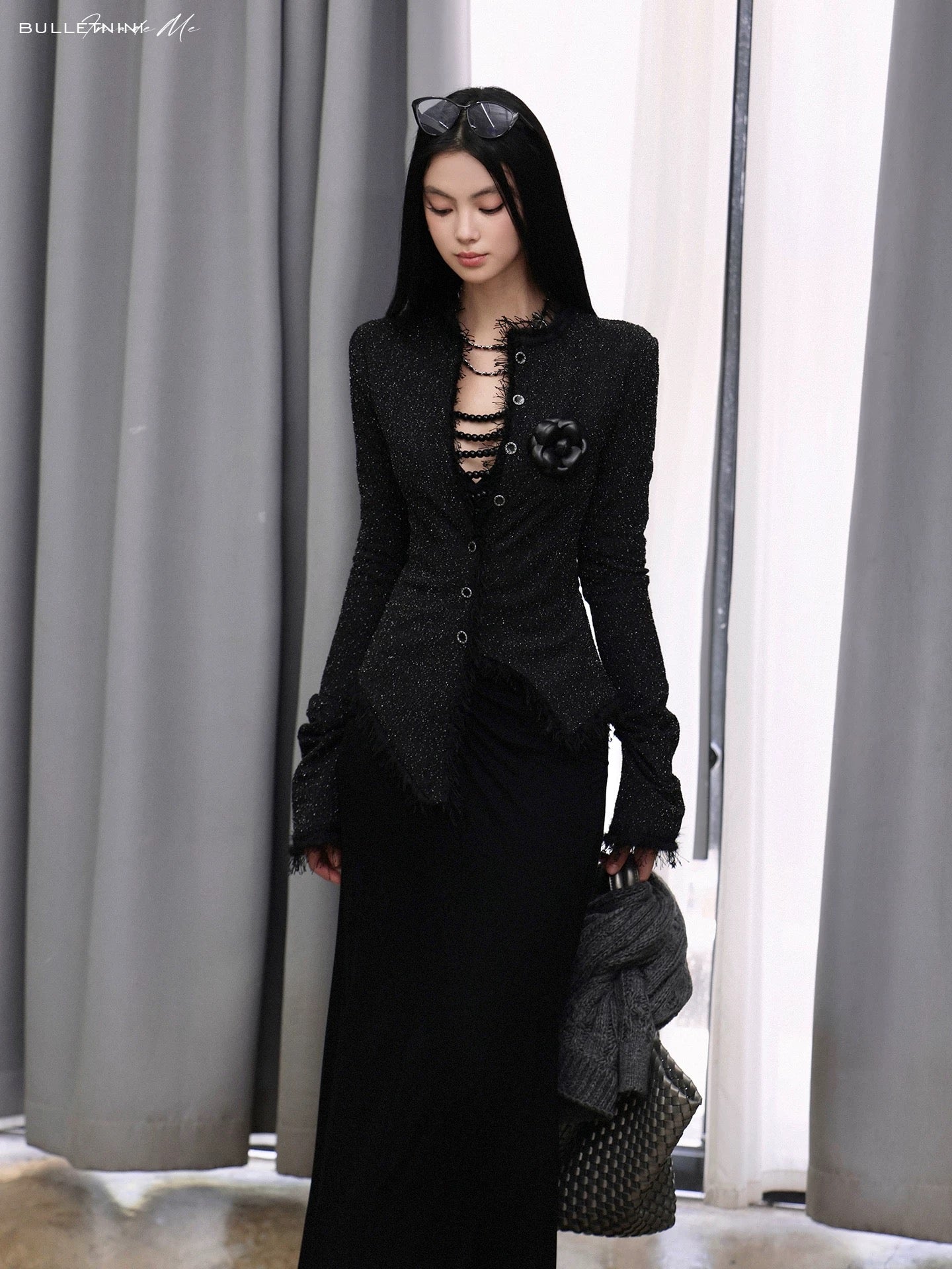 Black Tweed Stretch Waist-Defined Irregular Hem Jacket