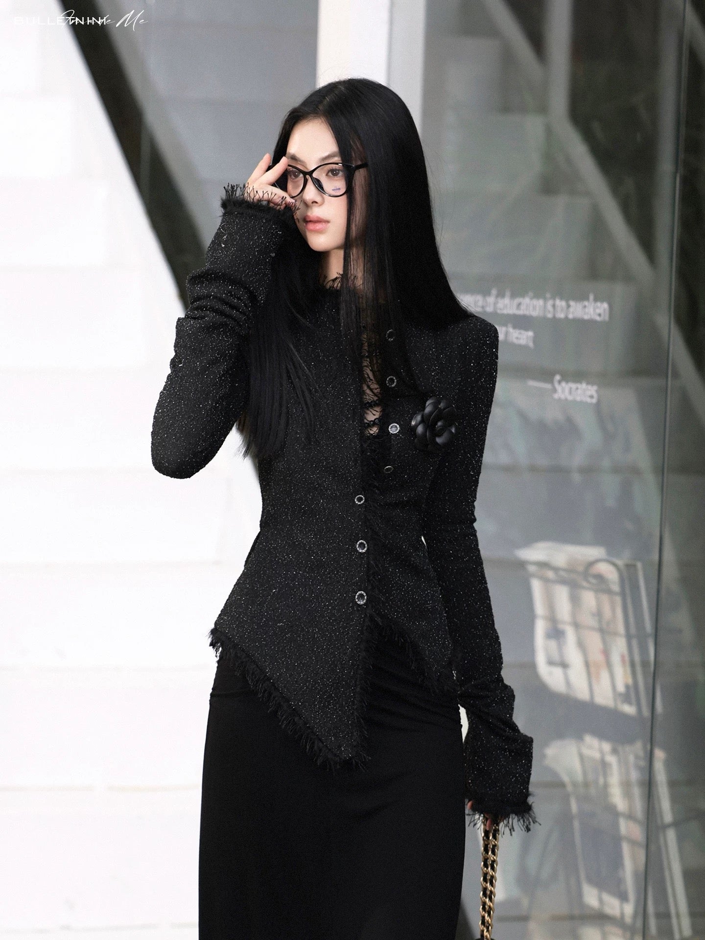 Black Tweed Stretch Waist-Defined Irregular Hem Jacket