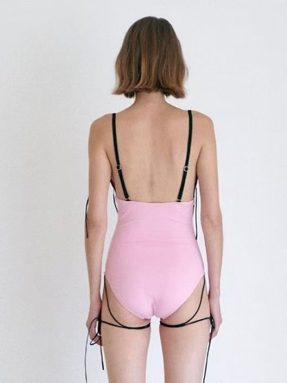 French Ribbon One-Piece Swimsuit – Pink / Black