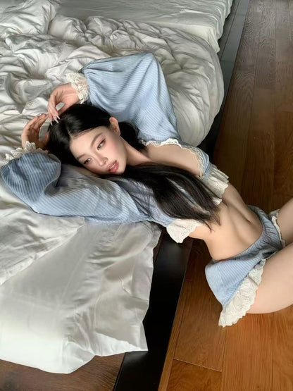 Blue Lace Trim Bikini Set