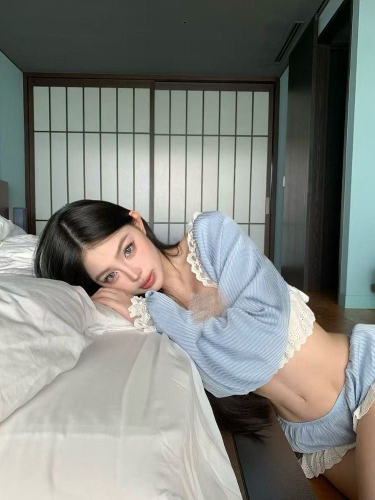 Blue Lace Trim Bikini Set