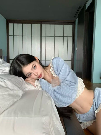 Blue Lace Trim Bikini Set