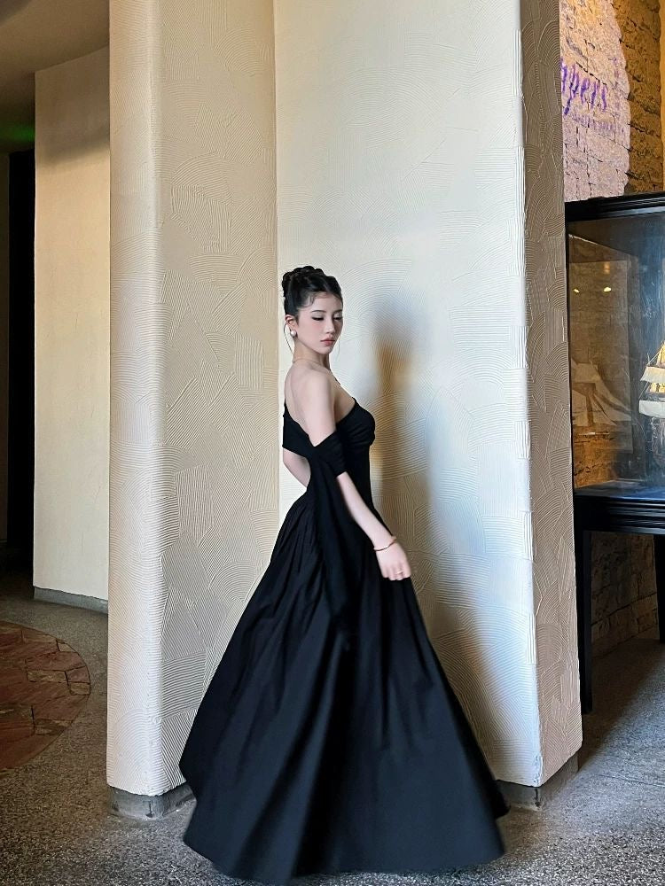 Black Off-Shoulder Maxi Dress with Ribbon Straps
