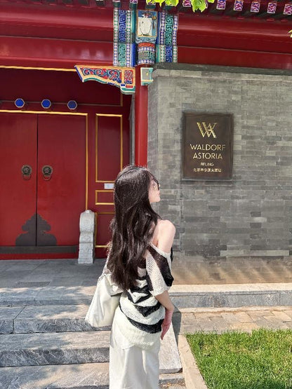 Black and White Cutout One-Shoulder Knit Top