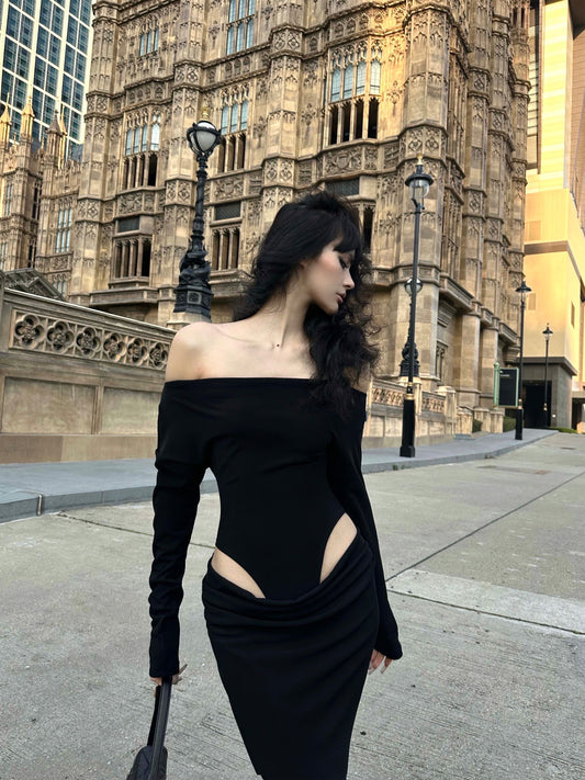 'Paris in Rain' - Off-the-shoulder Cut-out Dress