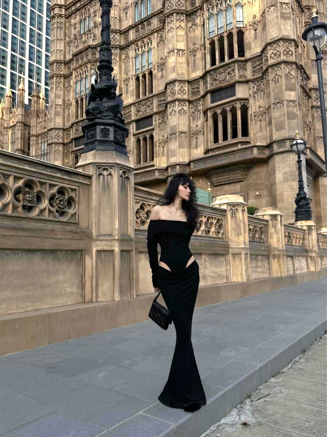 'Paris in Rain' - Off-the-shoulder Cut-out Dress