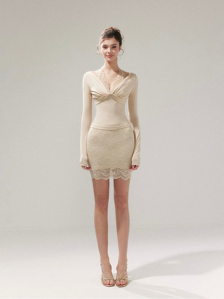 Ivory Lace Ruched Two-Piece Set