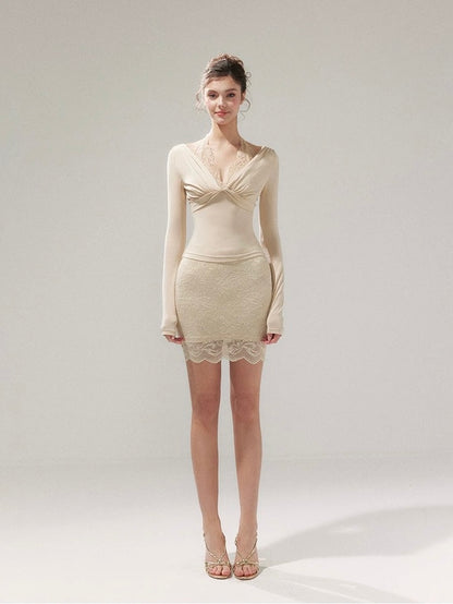 Ivory Lace Ruched Two-Piece Set