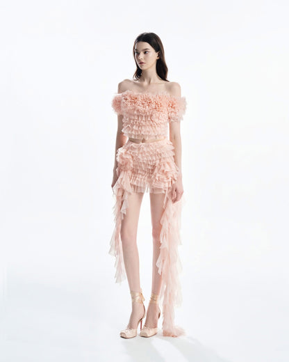 MUST HAVE Off-Shoulder Cropped Top & 3D Floral Ruffles Mini Skirt (2color) — Must Have