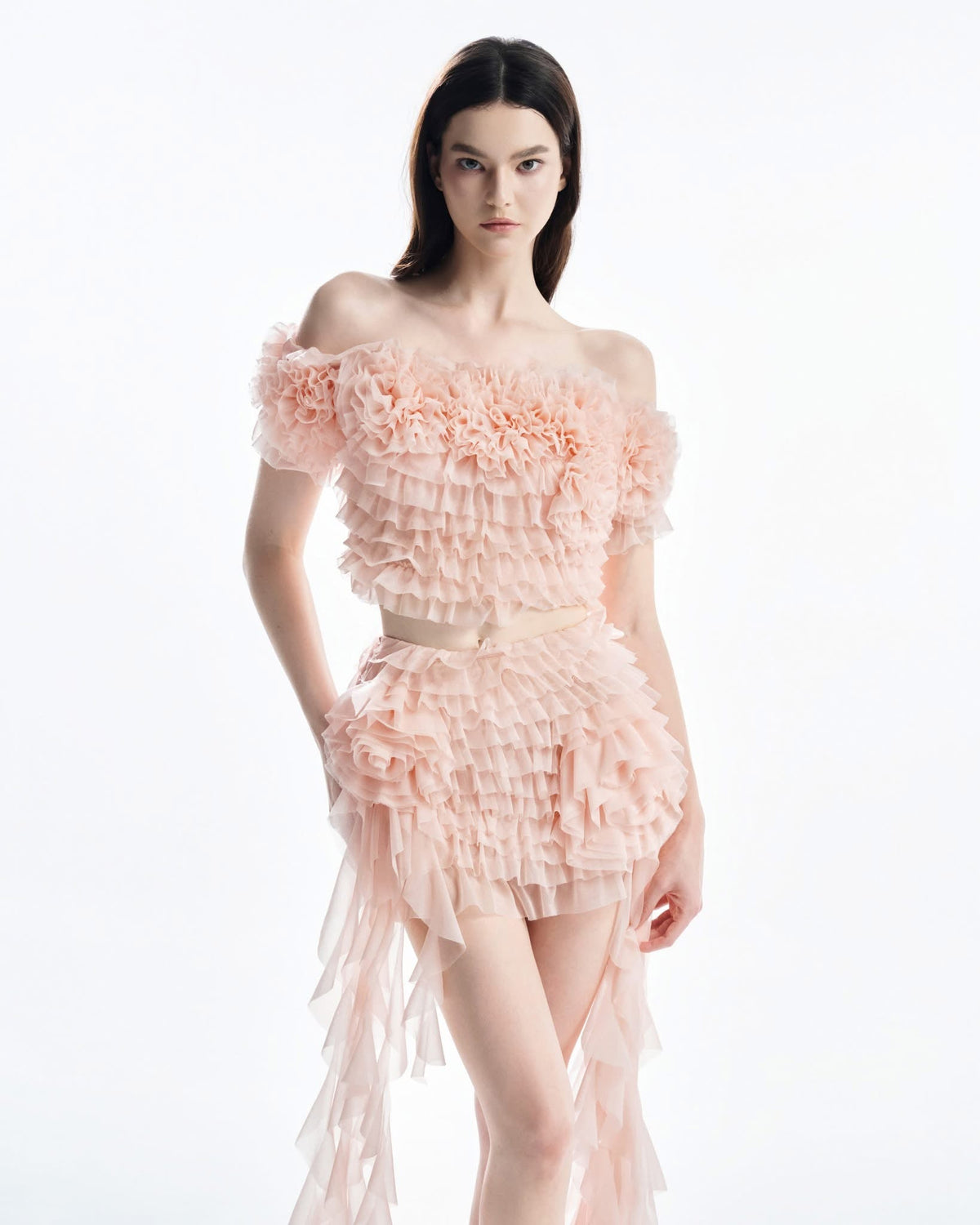 MUST HAVE Off-Shoulder Cropped Top & 3D Floral Ruffles Mini Skirt (2color) — Must Have
