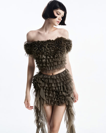 MUST HAVE Off-Shoulder Cropped Top & 3D Floral Ruffles Mini Skirt (2color) — Must Have