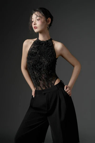 21SIX Jambari Tulle Ruffles Top With Crepe Straight Pants