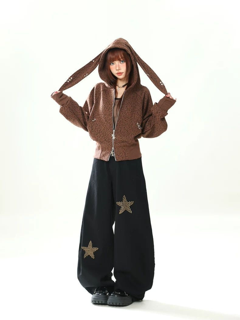 Leopard Bunny Ear Zip Hoodie