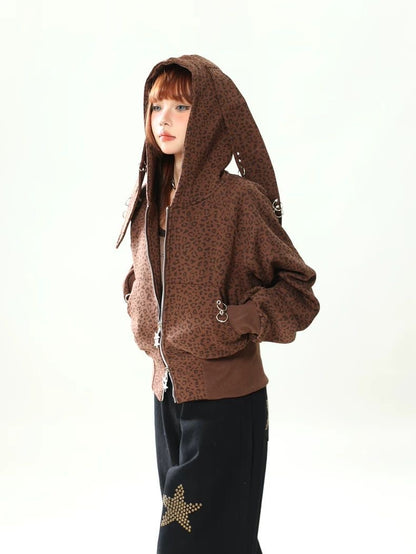 Leopard Bunny Ear Zip Hoodie