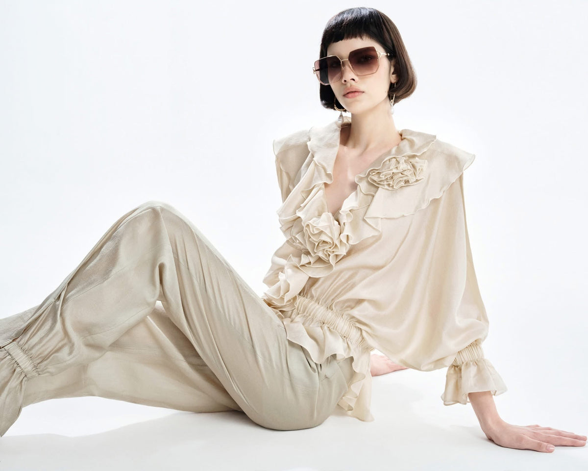 MUST HAVE Ruffled V-Neck Blouse & Baggy Trousers — Must Have