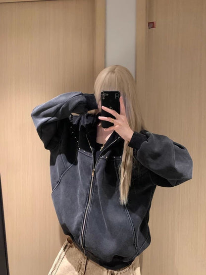 Vintage Washed Stud Zip Hoodie