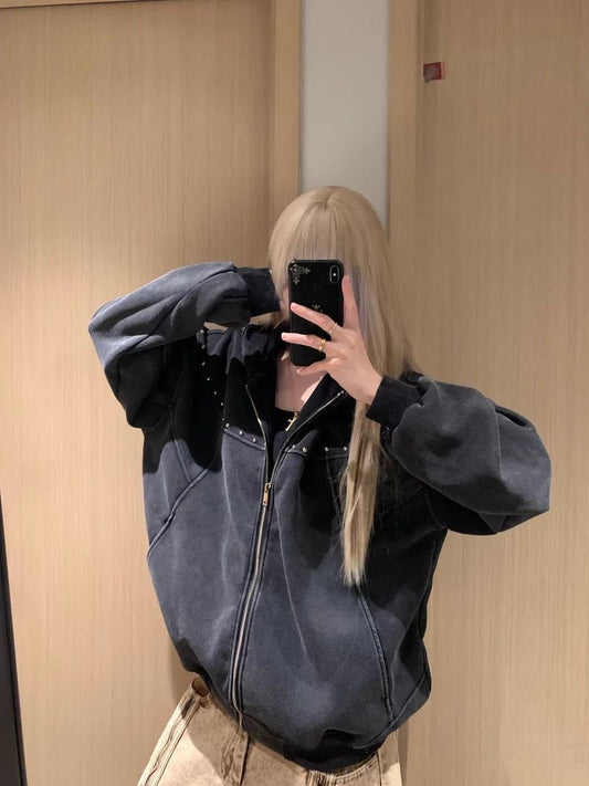 Vintage Washed Stud Zip Hoodie