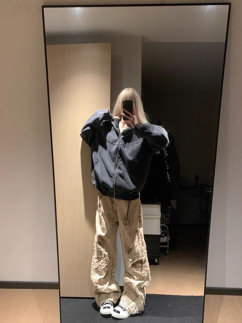 Vintage Washed Stud Zip Hoodie