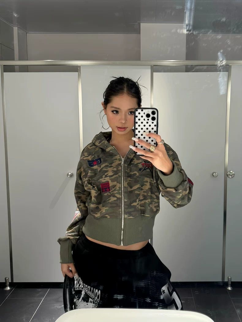 Camo Cropped Bomber Zip Jacket