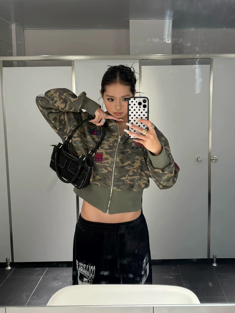 Camo Cropped Bomber Zip Jacket