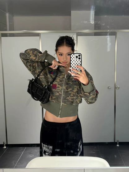 Camo Cropped Bomber Zip Jacket