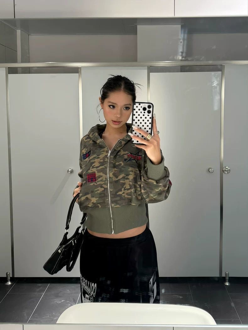 Camo Cropped Bomber Zip Jacket