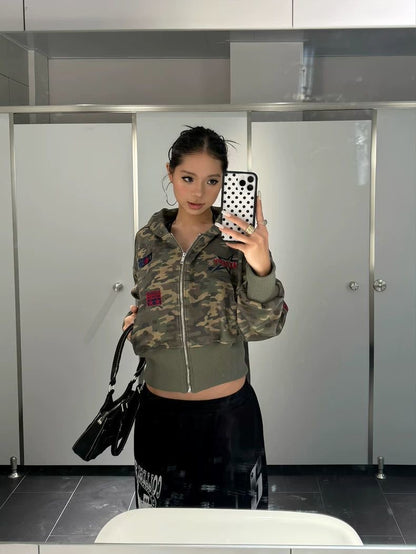 Camo Cropped Bomber Zip Jacket